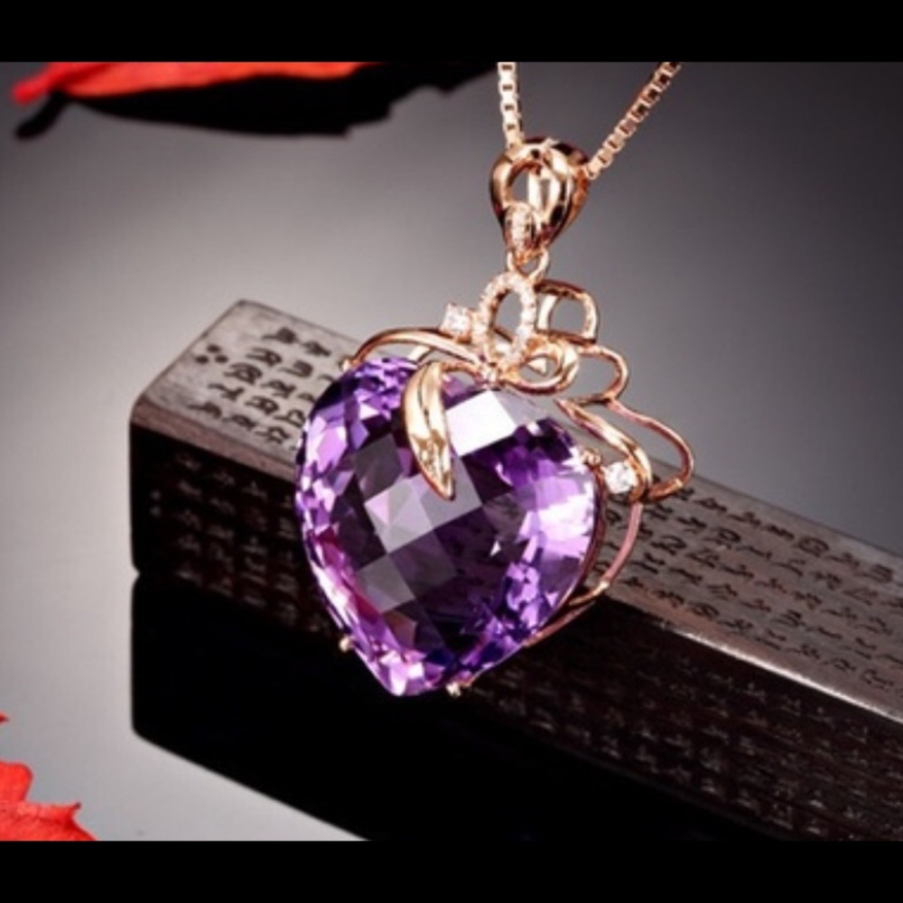 New 18K Rose Gold Purple Amethyst Pendant Necklace